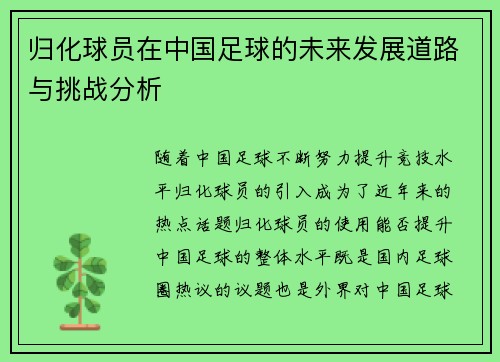 归化球员在中国足球的未来发展道路与挑战分析