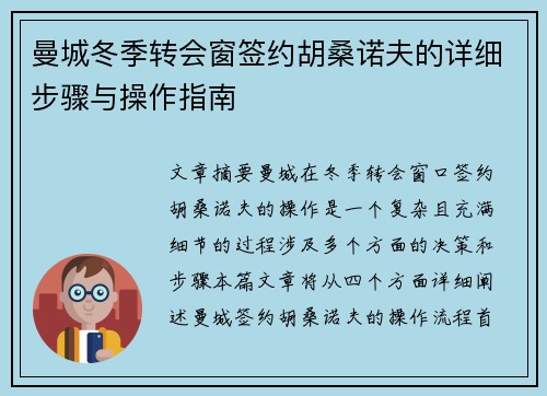 曼城冬季转会窗签约胡桑诺夫的详细步骤与操作指南