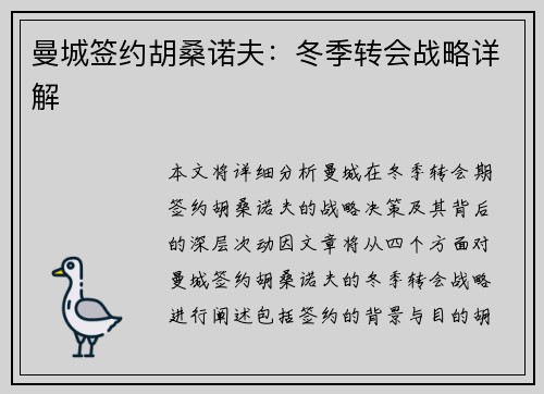 曼城签约胡桑诺夫：冬季转会战略详解