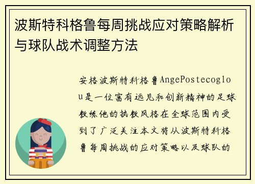 波斯特科格鲁每周挑战应对策略解析与球队战术调整方法