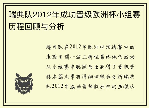 瑞典队2012年成功晋级欧洲杯小组赛历程回顾与分析