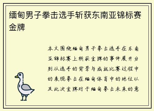 缅甸男子拳击选手斩获东南亚锦标赛金牌