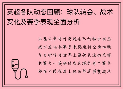 英超各队动态回顾：球队转会、战术变化及赛季表现全面分析