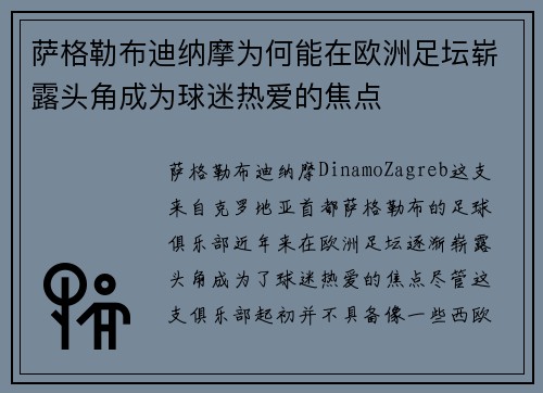 萨格勒布迪纳摩为何能在欧洲足坛崭露头角成为球迷热爱的焦点